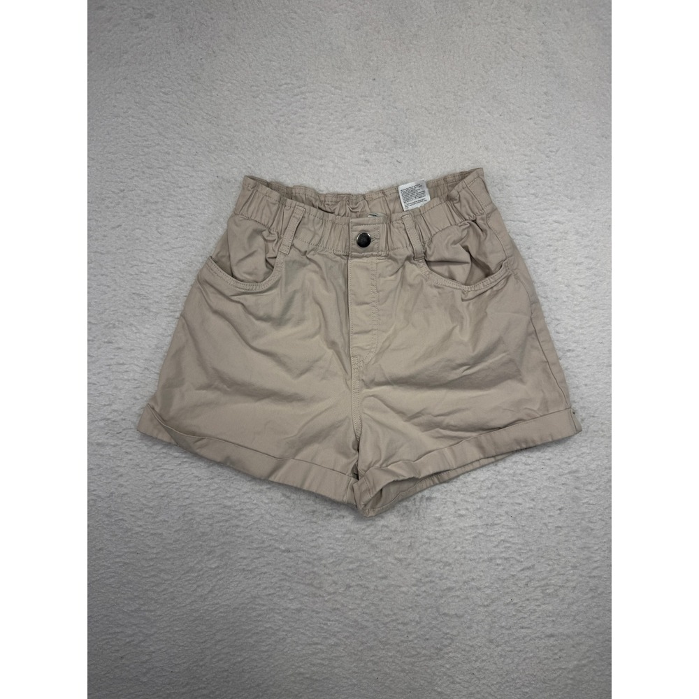 HM Khaki Beige High Waisted Elastic Waist Cuffed Twill Shorts Small